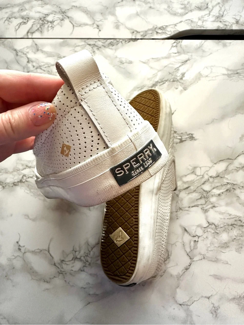 Sperry seaside perforated slip on leather white 10